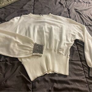 New Guess White Sweater with Beaded Cuffs